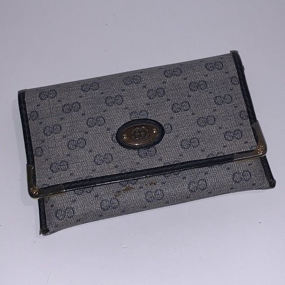 Vintage Gucci Wallet ID Card Holder Canvas Blue Grey Black - Picture 1 of 9